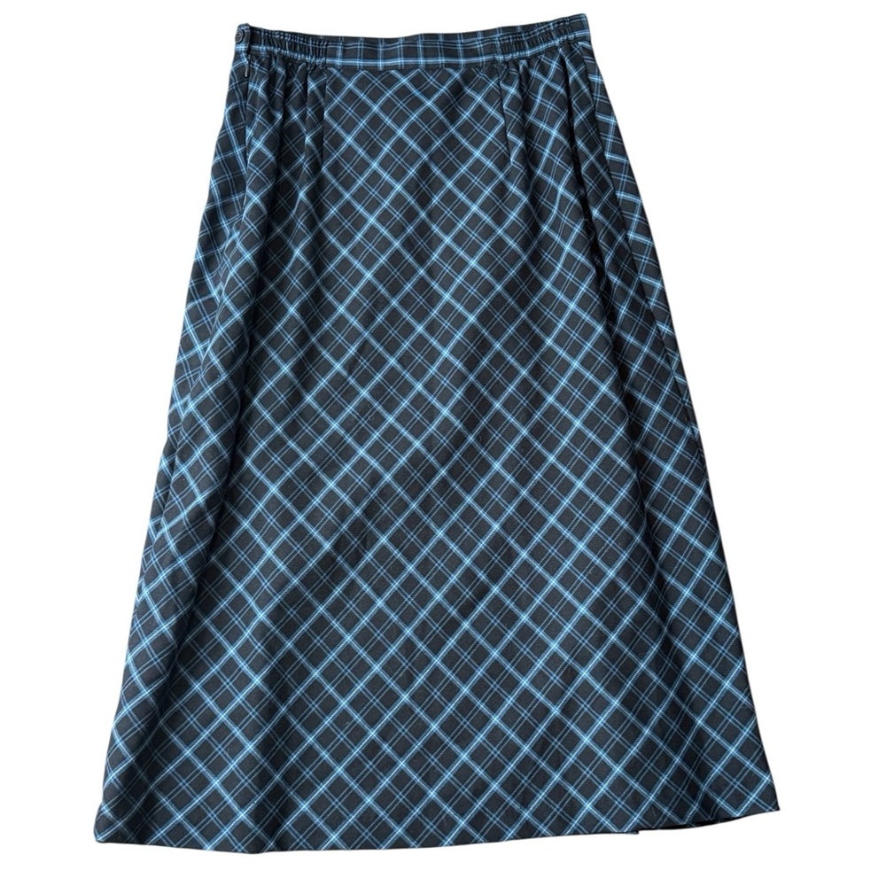 Vintage Sag Harbor Blue Plaid Midi Bias Cut Wool Blend Preppy Career Skirt 12P